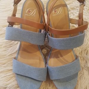 Heart in D 8.5 blue denim, brown leather, cork platform wedge sandal